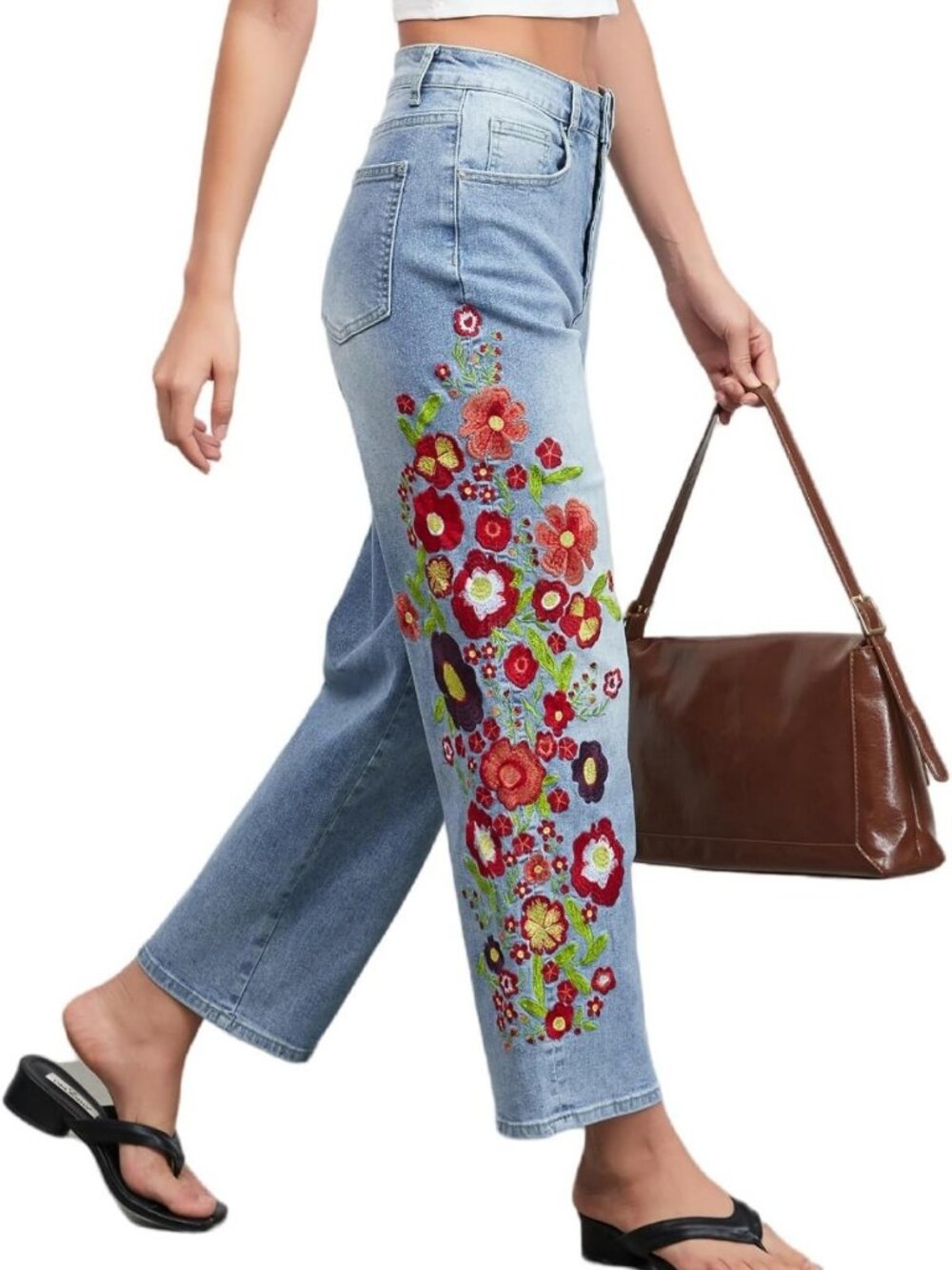 Trendy Mid Rise Floral Print Cropped Jeans for Women | Casual Boho Denim Pants